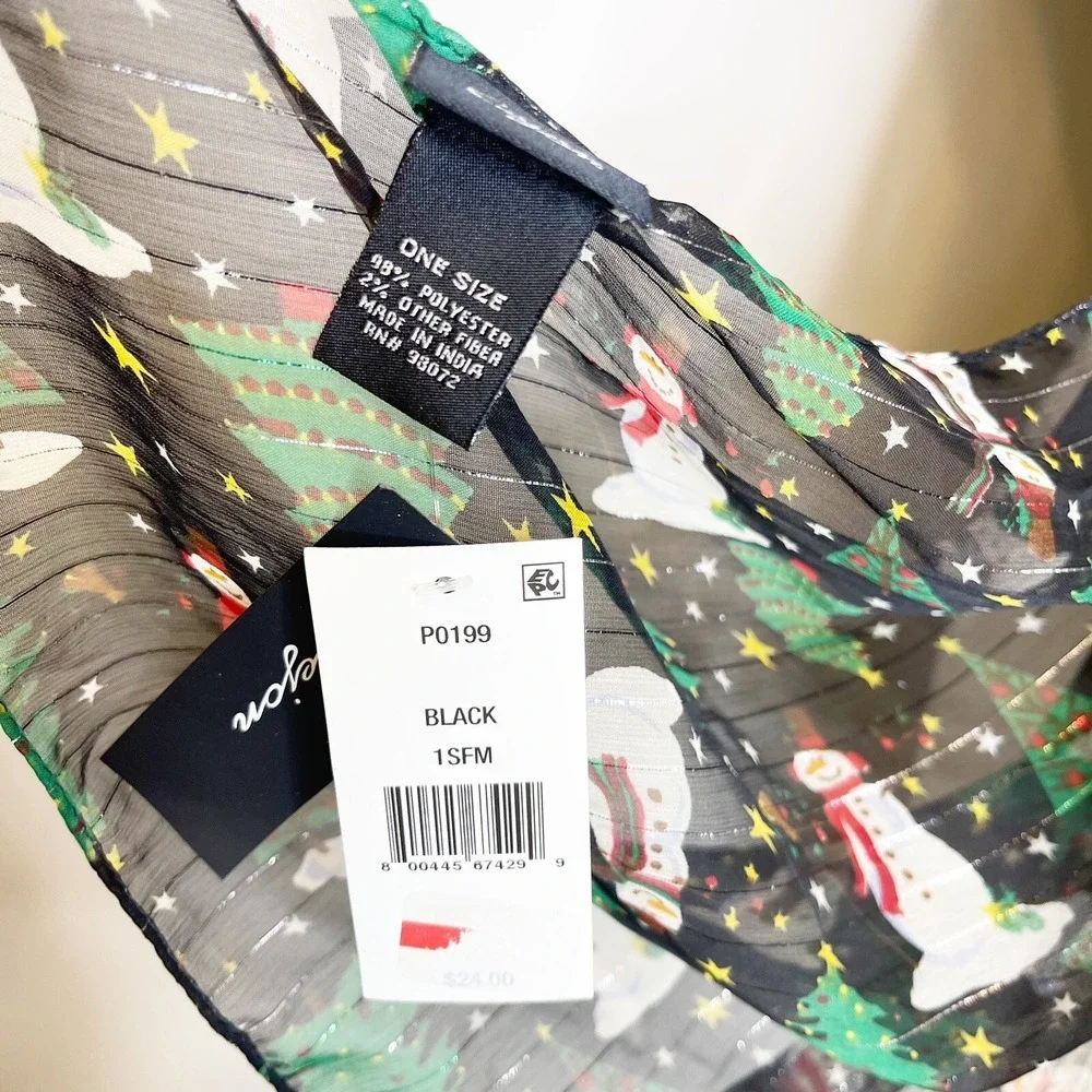 NEW Cejon Holiday Scarf Christmas Tree Snowman Black Sheer Metallic Chiffon